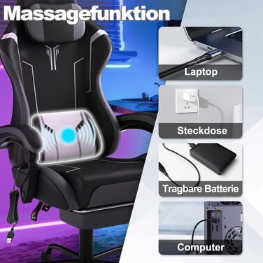 Ігрове крісло з масажем, підставкою для ніг та підголівником, ергономічне ігрове крісло з масажною поперековою подушкою, регульована спинка 90-135, м&39які підлокітники для геймерів - сірий, чорний та білий