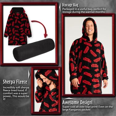 Ковдра з худі Stranger Things для дорослих, портативна ковдра з шерпа-флісу з капюшоном та рукавами, затишна худі для жінок, чоловіків та підлітків, подарунки для шанувальників, один розмір, чорний/червоний