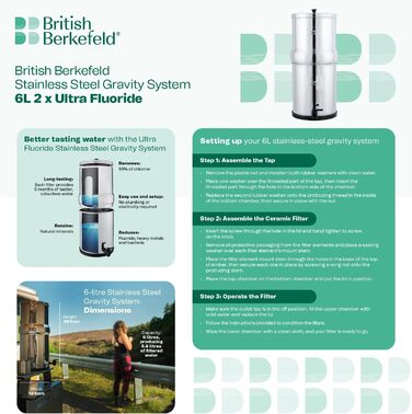 Британська система гравітаційних фільтрів для води Berkefeld 6-літрова система фільтрів із нержавіючої сталі з 2 сертифікованими Doulton NSF керамічними ультрафторними картриджами Дорожня система питної води для типових забруднень