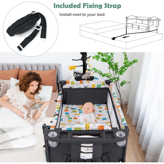 Дитяче ліжечко LIFEZEAL з матрацом, складне дитяче ліжечко з пеленальною дошкою та іграшками, дорожнє ліжечко з тканини Оксфорд, 2 рівні, регульована висота, вантажопідйомність 10/15/10 кг (сірий колір)