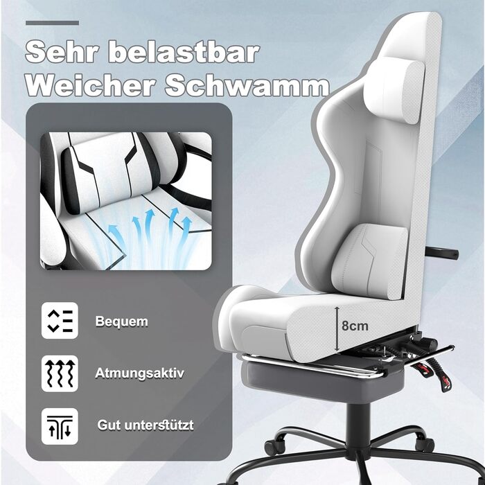 Геймерське крісло з вібраційним масажем та підставкою для ніг, ергономічне кіберспортивне крісло з підголівником та підлокітниками, офісне крісло, регульована висота до 135 кг, біле бавовняне льонне крісло