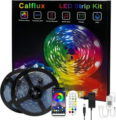 Світлодіодна стрічка calflux 10 м, 300 світлодіодів RGB світлодіодна стрічка водонепроникна IP65,12 В зі зміною кольору з додатком Керування Bluetooth, синхронізація з музикою, додаток для освітлення будинку, Кюче, Спальня, Водонепроникний, Вечірка