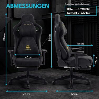 Ігрове крісло, офісне крісло, ергономічне, дихаюче ігрове крісло зі штучної замші, робоче крісло з підставкою для ніг, підголівником та поперековою подушкою, 3D-підлокітники, спинка 90-155, чорний колір