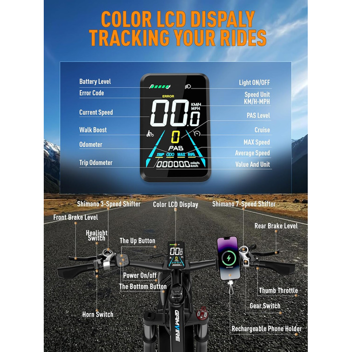 Електричний велосипед V7 для дорослих, гірський електровелосипед 264.0 дюймів з товстими шинами, акумулятор 52 В 19.2 Аг, гідравлічні гальма, 21-швидкісний електровелосипед