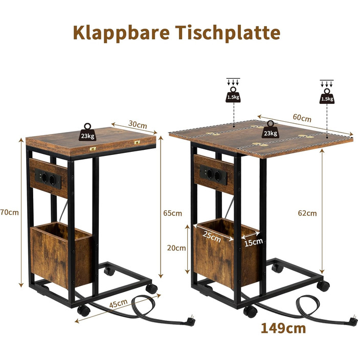 Приставний столик Hadulcet для дивана, С-подібний приставний столик, розкладна стільниця, столик для ноутбука з колесами, зарядна станція, вузький приставний столик для вітальні, спальні, висота 70 см, приставний столик темно-коричневого кольору