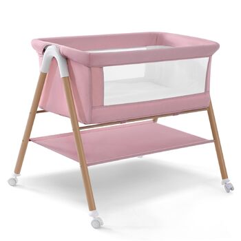 Дитяче ліжечко, переносне ліжечко з матрацом для дитячих ліжок на колесах, дорожнє ліжечко з москітною сіткою та місцем для зберігання для немовлят та новонароджених, легка та дихаюча сітчаста конструкція, рожевий колір