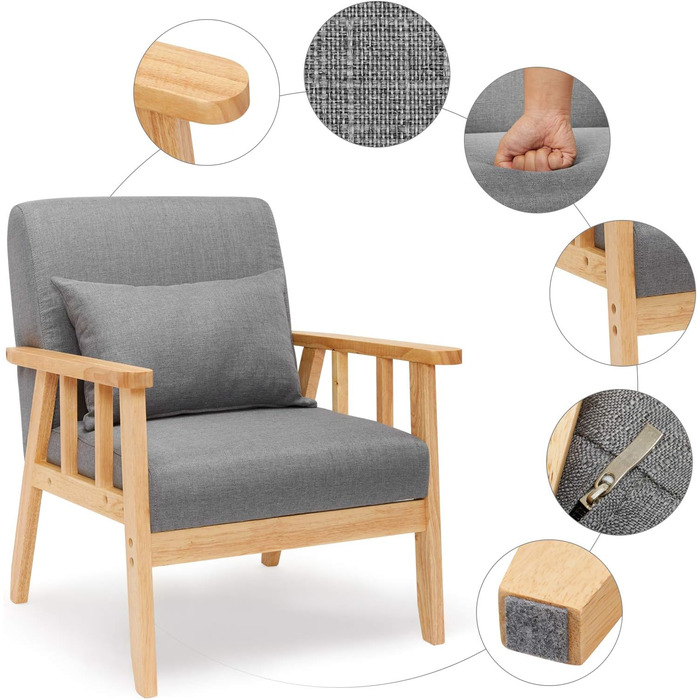 Крісло Mondeer з льону, каркас з масиву дерева, ретро-стиль з подушками для спальні, вітальні, балкону, офісу, темно-сіре, 64 Г x 64 Ш x 73 В см, 1 місце, темно-сіре