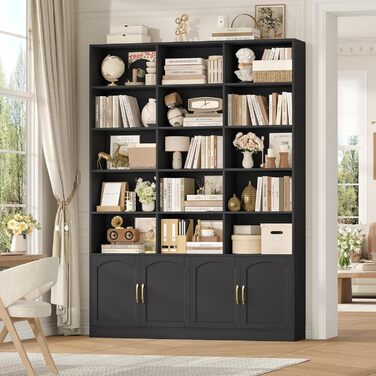 Книжкова шафа FirFurd 209 см з дверцятами, книжкова шафа з 15 відділеннями, вітрина, висока шафа, дерев&39яна багатофункціональна шафа, велика для вітальні, кабінету, кухні, 150 x 23,7 x 209 см, чорна