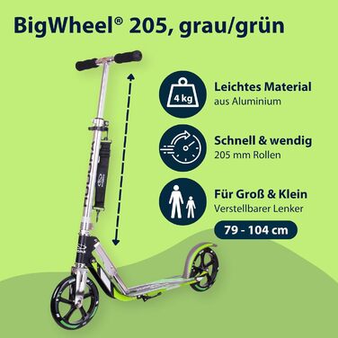 Самокат HUDORA BigWheel 205 стабільний алюмінієвий міський самокат, складаний, з регулюванням висоти та підніжкою, для дітей та дорослих (до 100 кг), сіро-зелений