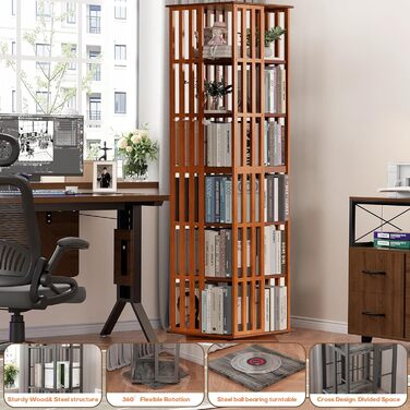 Книжкова полиця, що обертається на 360, з 5/6-ярусною бамбуковою полицею для зберігання, підлогова книжкова шафа-стійка, вітрина для дітей та дорослих, вітальня, кабінет, офіс (6 полиць)