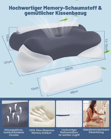 Подушка для шиї, ортопедична подушка 2-в-1 з валиком для шиї, ергономічна подушка з піни з ефектом пам&39яті для сну на боці - подушка для сну для шиї та сну - переможець тесту на подушку для підтримки шиї