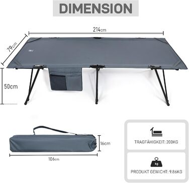 Розкладне похідне ліжко EVER ADVANCED XXL, вантажопідйомність 200 кг, 214 x 79 x 50 см, широке похідне ліжко з бічною кишенею, стабільне та портативне для кемпінгу, подорожей, саду, використання на вулиці та в приміщенні, сіре