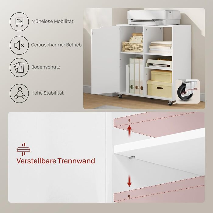 Шафа для документів WOLTU з колесами, стіл для принтера з 3 відкритими відділеннями, 1 дверцята, регульовані полиці, для дому та офісу, 60x70x35 см, білий