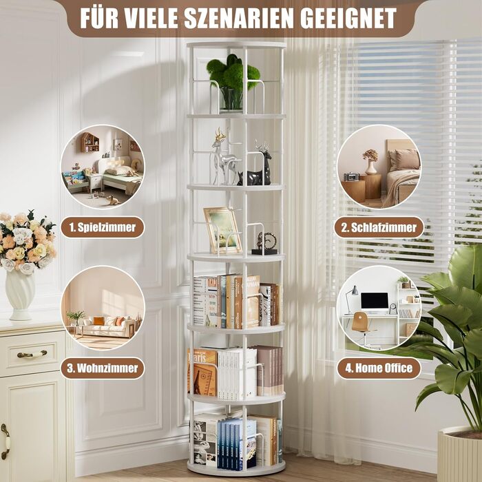 Звичайна книжкова полиця, що обертається на 360, підлогова дерев&39яна книжкова шафа, книжкова полиця з 6 полицями, регульовані полиці, стояча полиця, 4545193 см, білий колір, 6 полиць