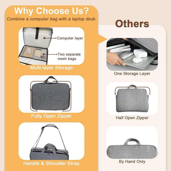 Стіл-підставка на коліна з подушкою, для ноутбука до 15,6 дюймів, з кишенями для зберігання. Портативне робоче місце для дому, університету, офісу (Світло-коричневий)