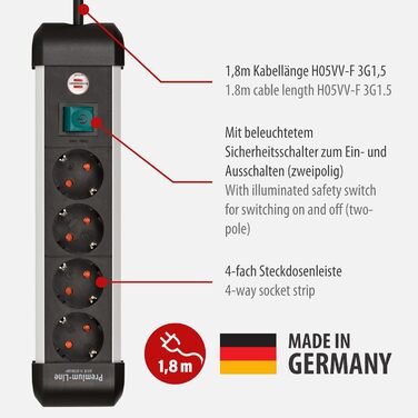 Розеткова планка Brennenstuhl Premium-Alu-Line 4-роздільна/розеткова планка з високоякісного алюмінію (розетка на кілька розеток з
