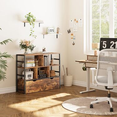 Книжкова полиця Dripex з 2 шухлядами, книжкова шафа з 7 відділеннями з дерева та металевого каркасу, окремостояча кубічна полиця для спальні, вітальні, кабінету, офісу, 33 x 100 x 90 см, промисловий дизайн, ретро