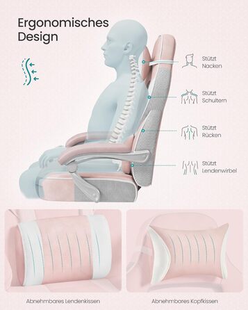 Ігрове крісло SONGMICS, офісне крісло з підставкою для ніг, робоче крісло з підголівником та поперековою подушкою, регульована висота, ергономічне, вантажопідйомність до 150 кг, пастельно-рожевий OBG073P01 пастельно-рожевий кремово-білий