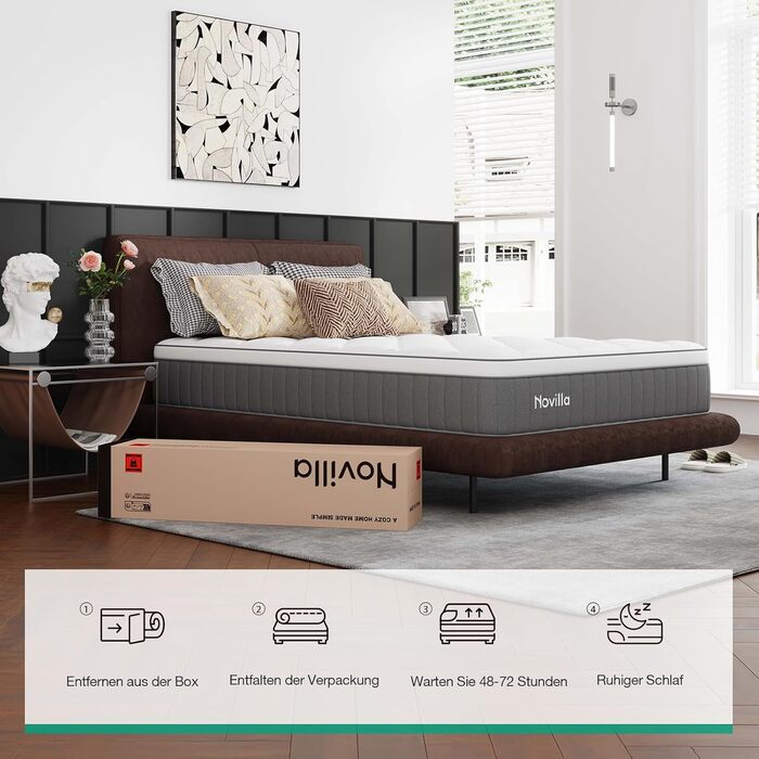 Матрац Novilla 160x200 см, висота 25 см, рівень жорсткості H4, охолоджувальний та дихаючий 7-зонний матрац із холодної піни, матрац із піни з ефектом пам&39яті та комфортної піни, що згортається в рулон, сертифікований Oeko-TEX, дихаючий чохол, білий та с