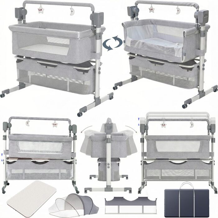 Дитяче ліжечко Nine Point Nine, розкладне дитяче ліжко-ліжечко, пружинне ліжко Baby Box з колесами, багатофункціональне, з 5 гойдалками (601 Середньо-сірий)