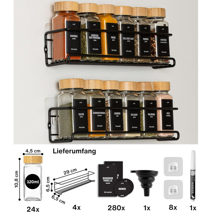 Настінна підставка для спецій Deco haus (свердління не потрібне) З 24 БАНКАМИ ДЛЯ СПЕЦІЙ ТА ЕТИКЕТКАМИ - Підвісна підставка для спецій, набір з 4 шт. - Настінний тримач для спецій - Клейкі підставки для спецій для дверцят шаф - Органайзер для підставок дл