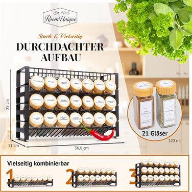 Підставка для спецій з баночками для спецій 21 банка (по 120 мл кожна) з бамбуковими кришками Етикетки Вставки для шейкера Лійка щіточка Металева підставка 36,62511 см Модульна з можливістю запису Маркер у комплекті