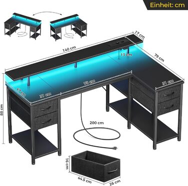 Г-подібний комп&39ютерний стіл на сім столів з 4 шухлядами та полицями, ігровий стіл зі світлодіодним освітленням та розетками, ігровий стіл з підставкою для монітора для домашнього офісу, спальні, вітальні (чорний, 140 см) Чорний 140 см