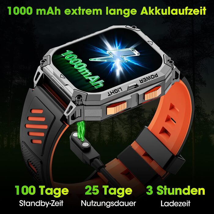 Чоловічий смарт-годинник, 2.01-дюймовий HD смарт-годинник із тривалим часом роботи батареї 1000 мАг, 114 спортивних режимів, фітнес-годинник у військовому стилі з датчиком серцевого ритму/крокоміром/монітором сну/ліхтариком, сумісний з Android iOS, помара