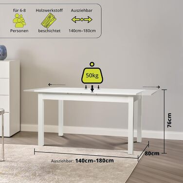 Розумний обідній стіл 140x80 см білий, кухонний стіл розкладний до 180 см, обідній стіл з дерев&39яного композиту, включаючи розсувну дошку, сучасний стіл до 8 осіб білий розсувний прямокутний 140x80 см
