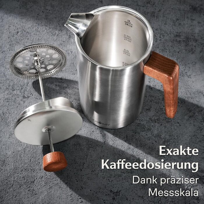 Френч-прес Cosumy з нержавіючої сталі та деревини FSC - 1 літр - Двостінна теплоізоляція - Велика кавоварка з 2 змінними фільтрами