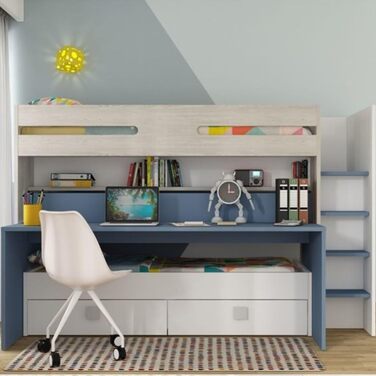 Дитяче двоярусне ліжко з письмовим столом і висувним спальним місцем Колір білий і блакитний