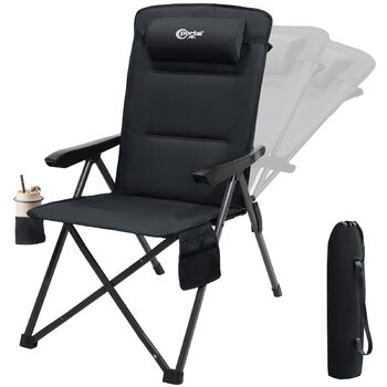 Крісло для кемпінгу Portal, складне, спинка регулюється в 3 положеннях, розкладне крісло, вантажопідйомність 160 кг, висока спинка, крісло для кемпінгу/рибальства, садове крісло, крісло для відпочинку, алюмінієве, для саду, балкону, пікніка, чорне