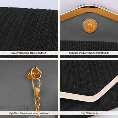 Клатч жіночий блискучий, мініатюрна сумочка-конверт, елегантна вечірня сумочка для нареченої, з від'ємним ланцюжком для весілля, вечірки, випускного (Чорний)