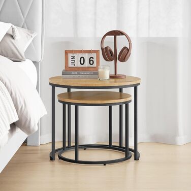 Набір журнальних столиків Home Collective із 2 шт. , круглі приставні столики, дизайн лофт, вбудований дизайн 2-в-1, стійка до подряпин поверхня, вітальня ширина 53 см та 43 см, дуб із чорними ніжками, дуб/чорний, круглий