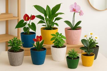 Прикраси для дому та саду, кашпо та квітковий горщик, набір з 3 шт. , виготовлені з пластику, без дренажних отворів, горщик у смугастий візерунок для кімнатних рослин (кремовий, 18 см) Ø 18 см (7,08 дюйма) Кремовий