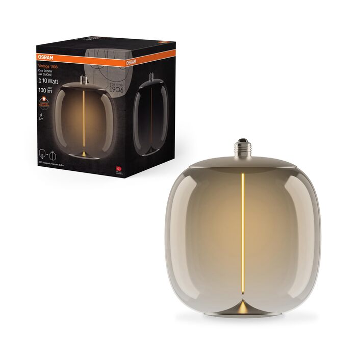 Декоративна LED-лампа Osram Vintage 1906 Big Oval, задимлене скло, ультратонкий магнітний філамент, цоколь E27, 4 Вт, затишне тепле біле світло (1800K), енергоощадна