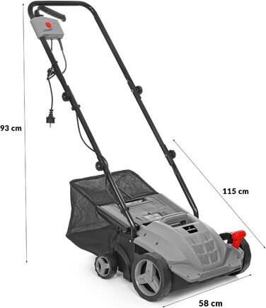 Вертикутер та аератор для газону LEHMANN 2-в-1, 1500 Вт, ширина захвату 32 см, 4 рівні глибини обробки, з травозбірником 30 л, кулькопідшипникові ножі та аераційна валки, сірий колір