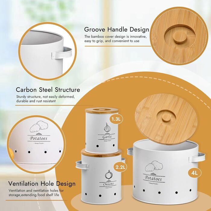 Набір із 3 контейнерів для зберігання картоплі, цибулі та часнику, металеві з вентиляційними отворами, штабелювана конструкція з бамбуковими кришками, кухонний органайзер для овочів (чорний)