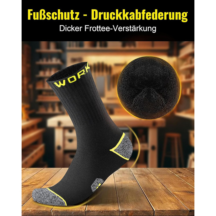 Пар чоловічих робочих шкарпеток, посилені термошкарпетки з підкладкою, дихаючі функціональні шкарпетки з комфортною манжетою, довгі робочі шкарпетки розмір 43-46, чорні, 10