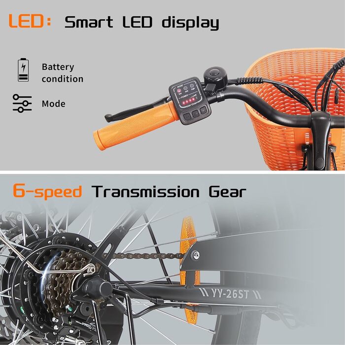 Дюймів, електричні велосипеди для чоловіків та жінок з акумулятором 36 В 14,5 Аг, міський велосипед з запасом ходу до 100 км, електричний велосипед з кошиком, 25 км/год, YY-26ST білий, 26