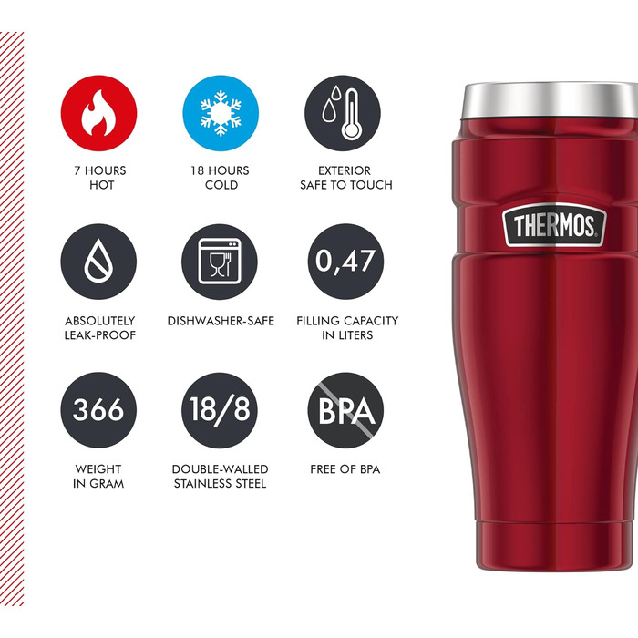 Термокружка-термос Stainless King, кавова кружка з нержавіючої сталі червоного кольору 470 мл, ізольована кружка, можна мити в пос