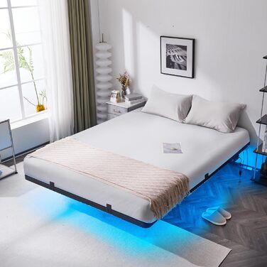 Каркас ліжка Bonnlo 140x200 см з рейковою основою, ліжко 140x200 см зі світлодіодним освітленням, міцне металеве ліжко, плаваюче ліжко висотою 36 см, чорне (без матраца) 140 x 200 см