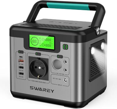 Портативна електростанція SWAREY S500 Pro, сонячний генератор з літієвою батареєю 518 Втгод з виходами змінного струму 230 В/500 Вт (пікова 1000 Вт), USB-C PD 65 Вт, акумулятор для генератора електроенергії для кемпінгу на відкритому повітрі, подорожей, р