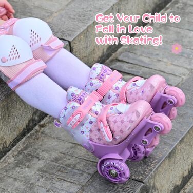 Дитячі роликові ковзани, 4 регульовані розміри, стабільна та безпечна 3-точкова конструкція, роликові ковзани для дівчаток для початківців з дихаючим верхом, легкі та з цікавим квітковим дизайном, розмір S 28-32 EU