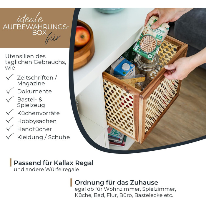 Кошик для зберігання HMF, що підходить для полиць Kallax, кошик з ротанга з віденським плетеним лозом та деревиною акації Візерунок 2 32 x 34 x 32 см