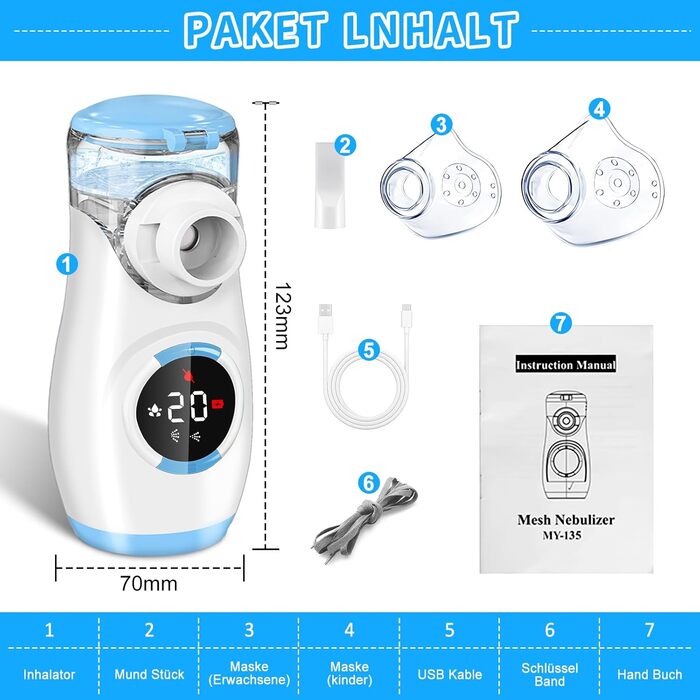 Цифровий інгалятор Wholeede, інгалятор для немовлят, дітей та дорослих, інгалятор-небулайзер зі зворотним відліком для небулайзерів, безшумний портативний інгалятор з 2-ма масками та мундштуком - синій