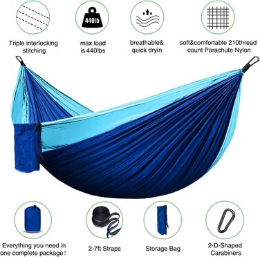 Гамак Outdoor Ultralight з мотузковими чохлами, Туристичний гамак Ультралегкий дихаючий нейлоновий парашутний гамак для кемпінгу на відкритому повітрі, саду та пляжу Вантажопідйомність 450 фунтів (сірий/синій)