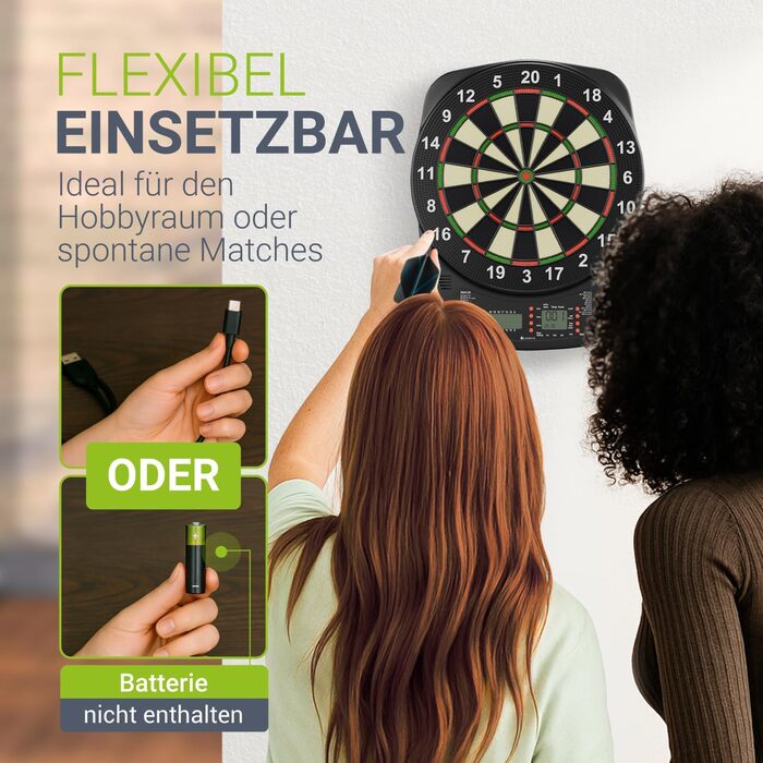 Електронна мішень для дартсу Juskys з 32 іграми та 359 варіаціями, РК-дисплеєм, USB-C, дартсами та аксесуарами, до 8 гравців, живлення від мережі та від батарейок