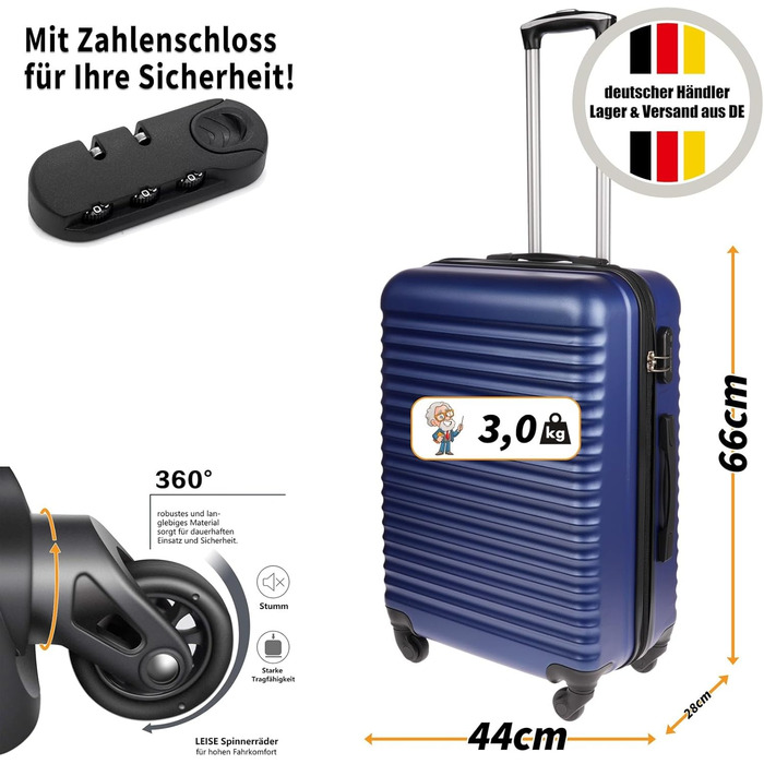 Валіза Christian Wippermann L 80L - Міцна валіза з твердою оболонкою з ABS-пластику, розмір L 44x66x28 см - Легка з замком - 4 колеса, поворот на 360 - Ідеально підходить для подорожей - Легка валіза на колесах середнього розміру, чорна, синя