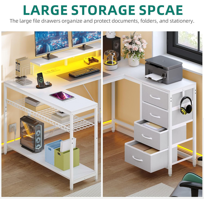 Кутовий стіл YITAHOME з 4 шухлядами та місцем для зберігання, ігровий стіл зі світлодіодним освітленням та підставкою для монітора для домашнього офісу, двосторонній кутовий стіл з 2 розетками та 2 портами зарядки USB, 158 см, білий 158 x 100 x 90 см